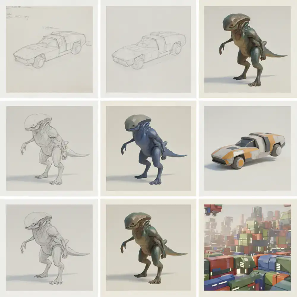 Grade mostrando artes conceituais, de rascunhos em lápis até blocos 3D coloridos renderizados