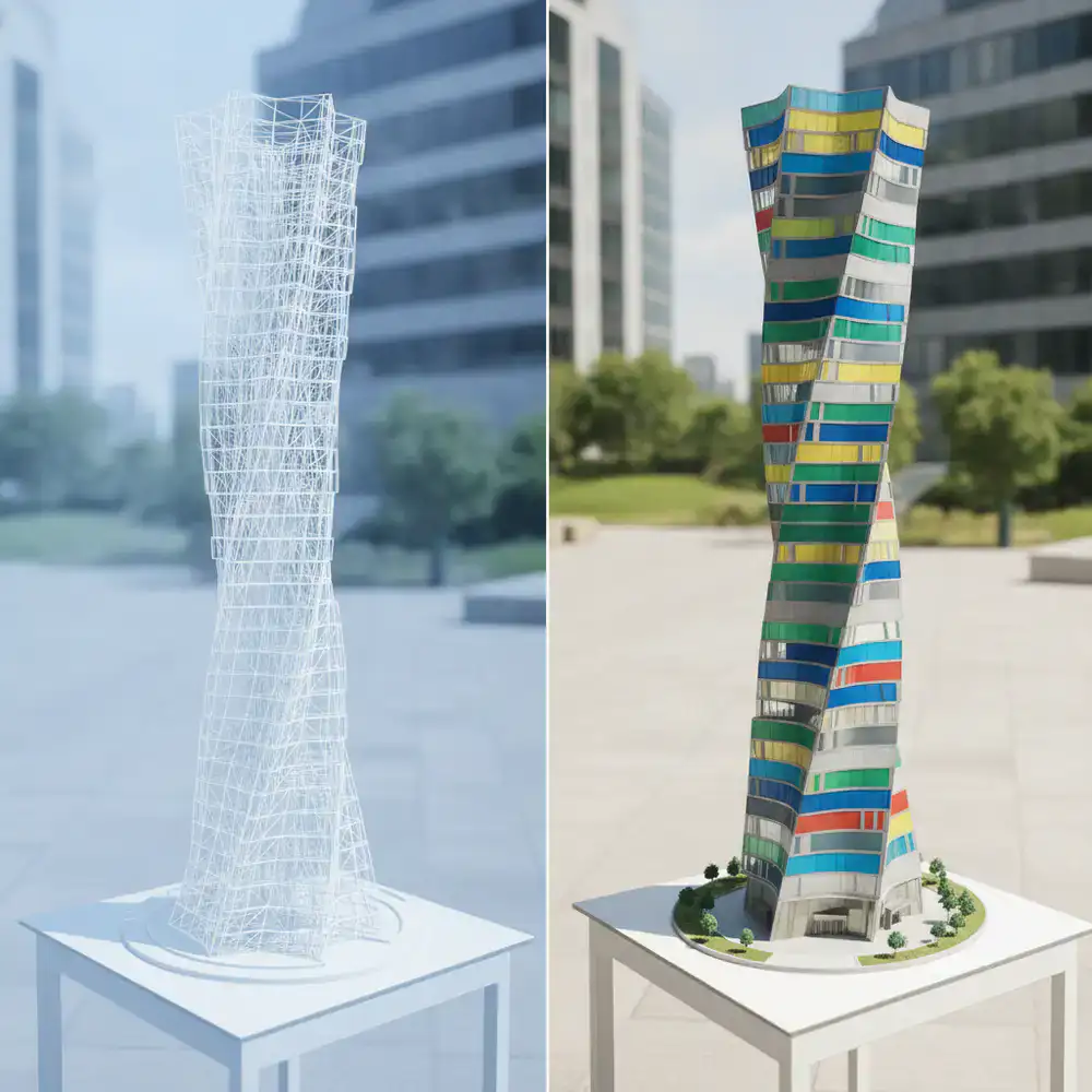 Comparação visual entre wireframes técnicos e os blocos finais coloridos da torre