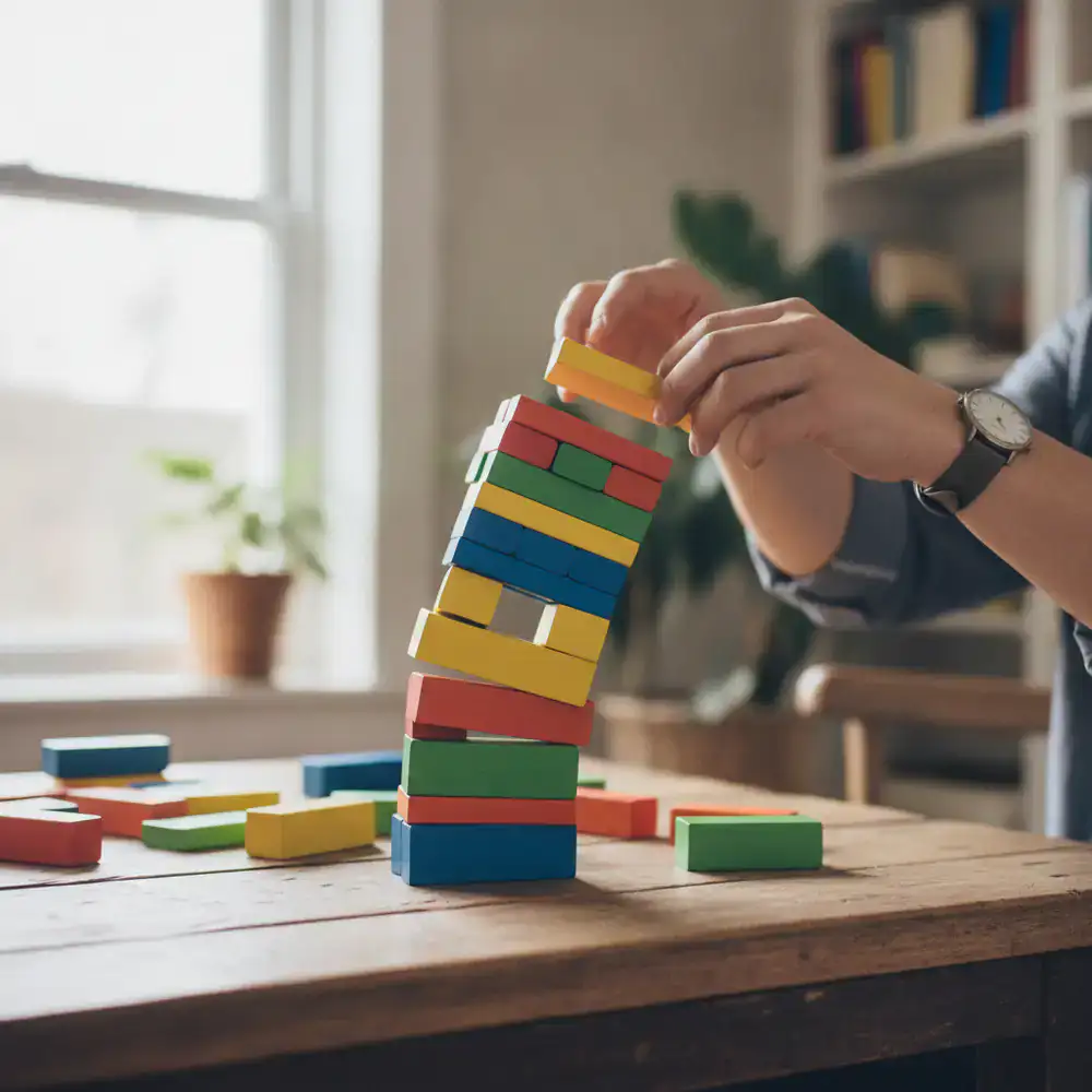 Torre de blocos coloridos sendo construída