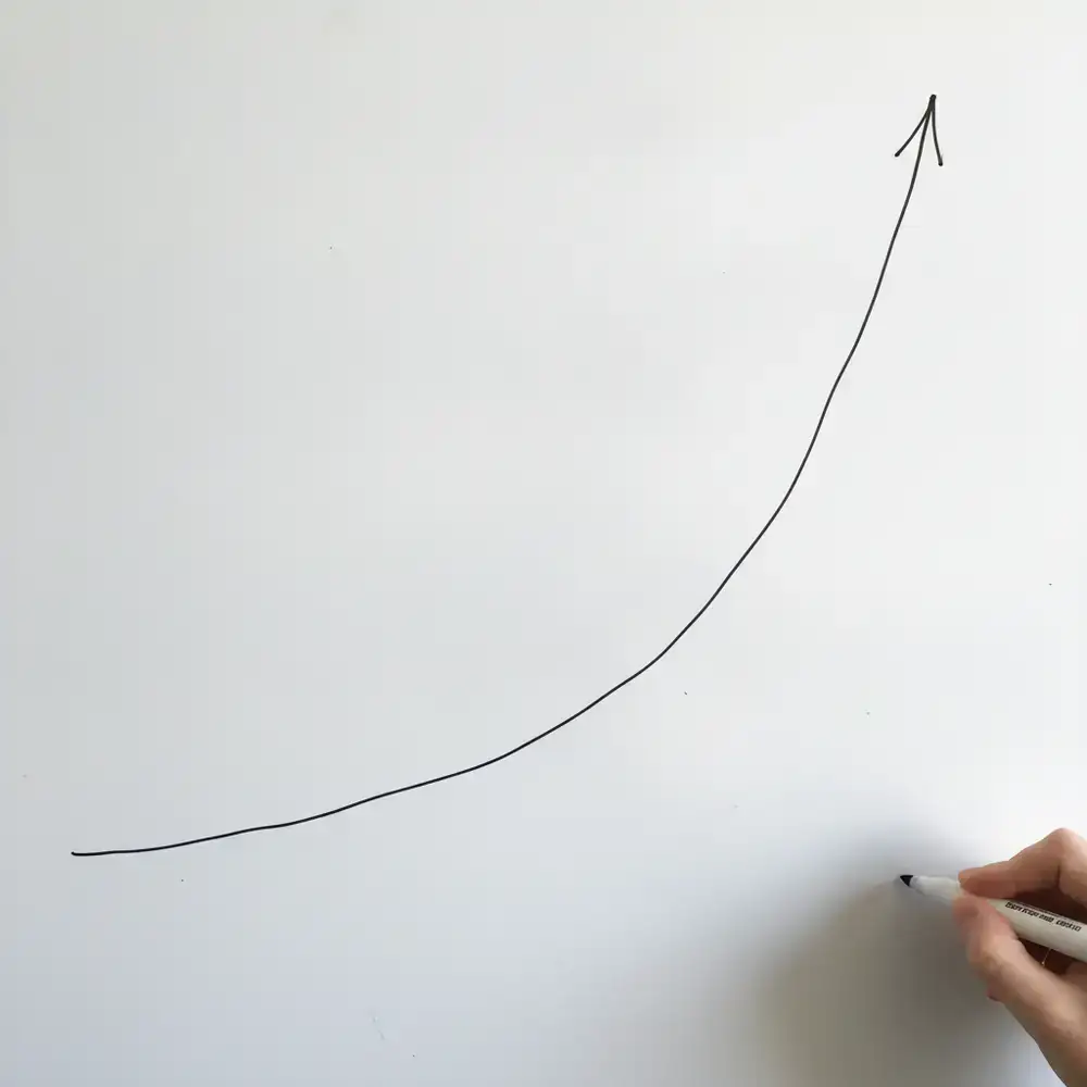 Gráfico visual estilo quadro branco ilustrando a curva de dificuldade suave no início e desafiadora no final